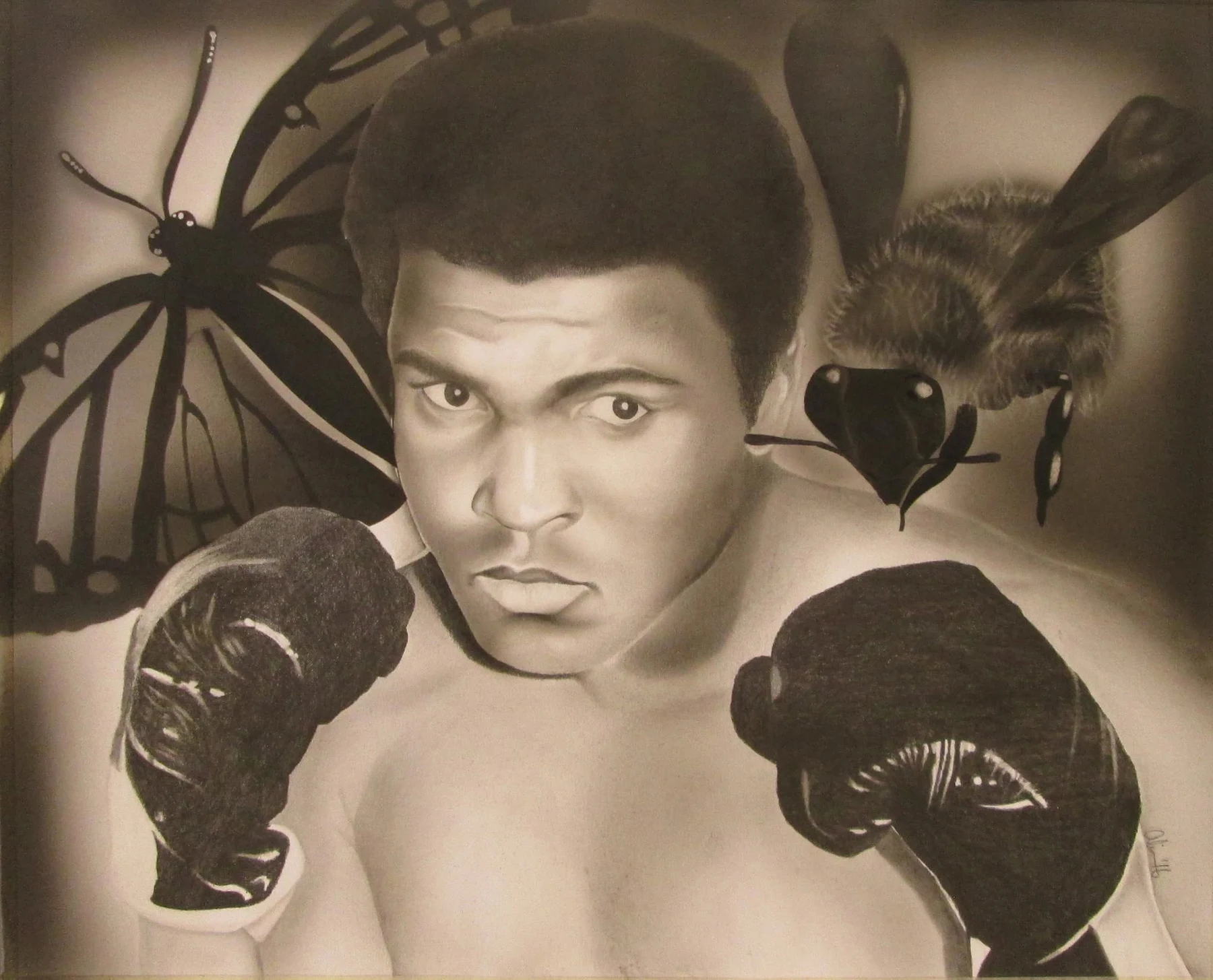 Monochrome portrait of Muhammad Ali in boxing gloves, surrounded by a butterfly and bees