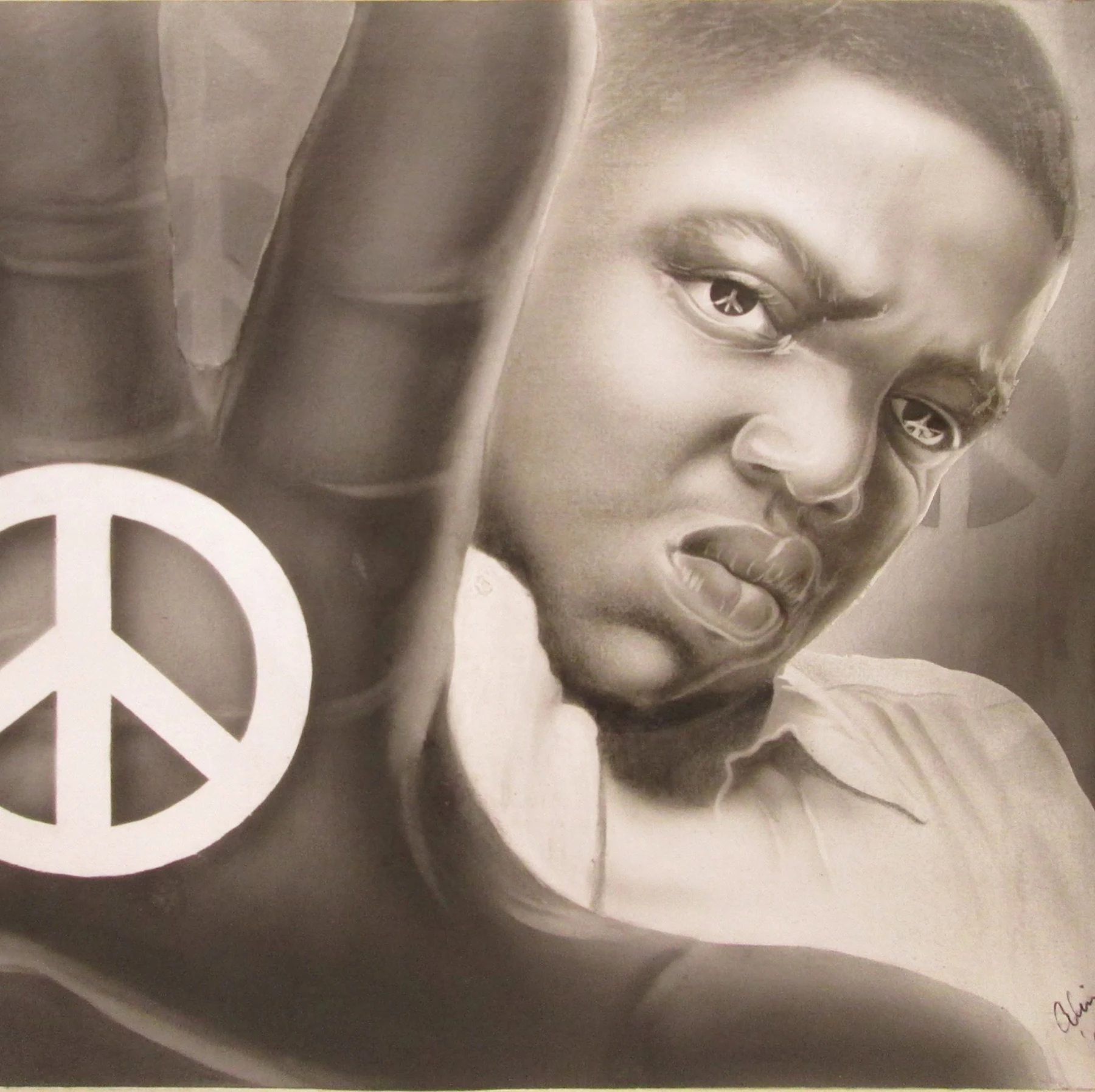 Monochrome portrait of the Notorious B.I.G. beside a large peace symbol