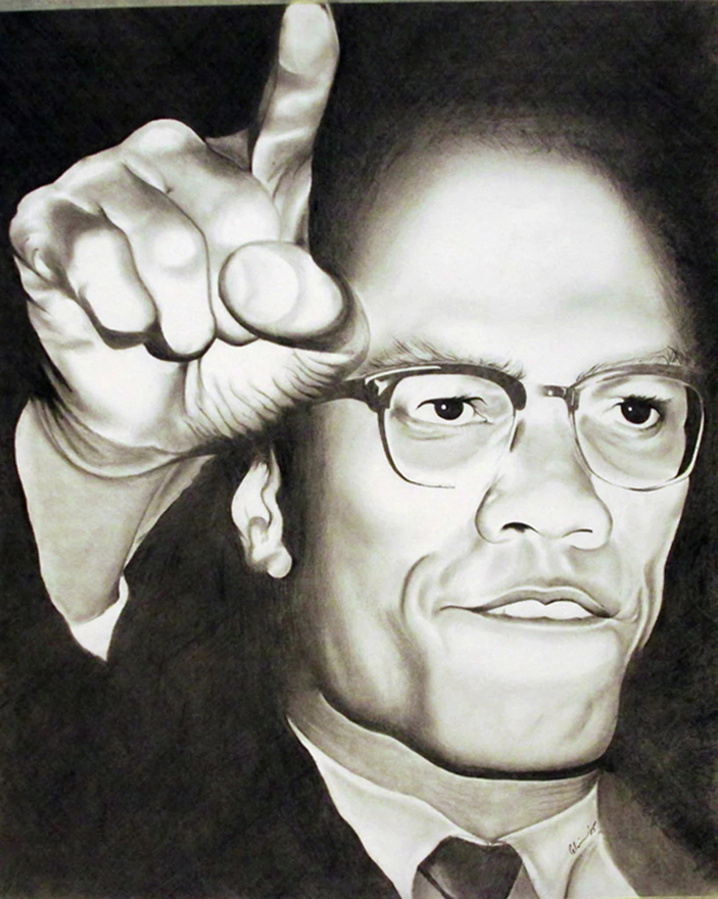 Graphite portrait of Malcolm X raising one hand with his index finger extended