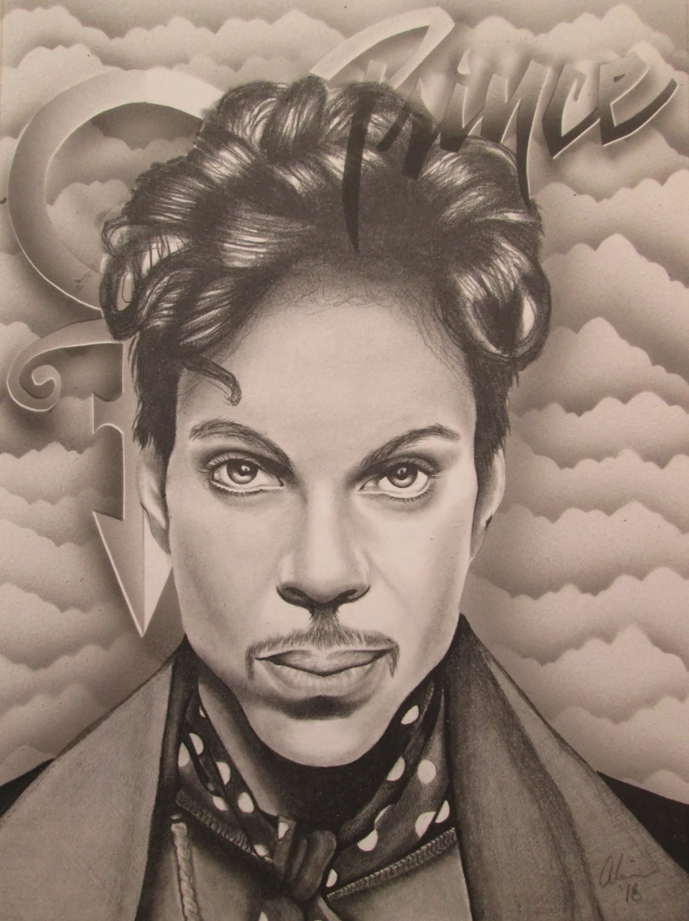 Graphite portrait of Prince against clouds and his symbol