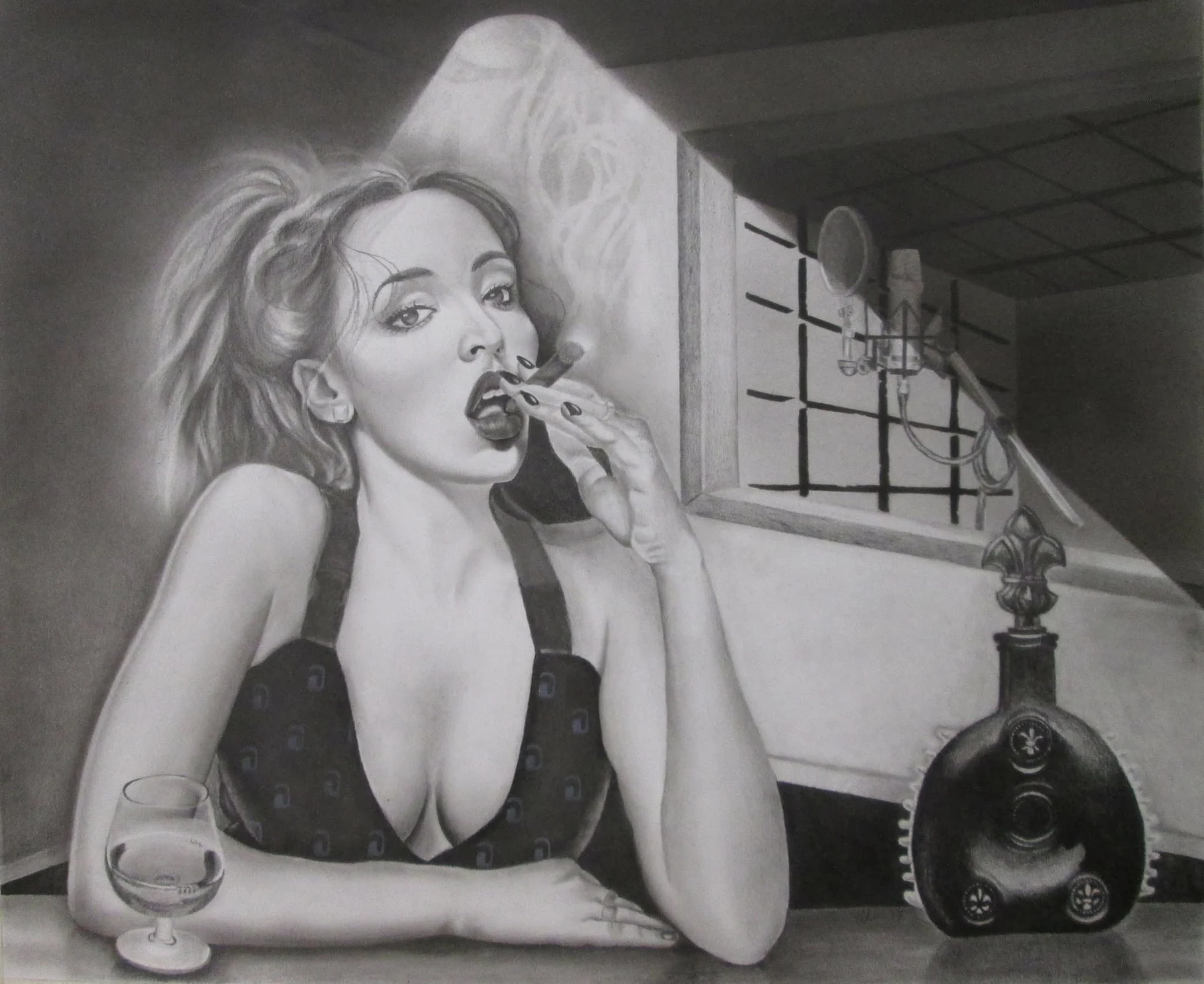 Graphite studio scene with a seated woman holding a cigar beside a glass, a bottle, and a recording microphone