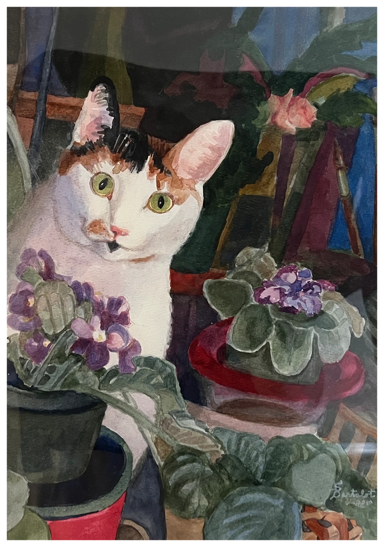 A cat among violet flowers, painted by Sally Bartalot