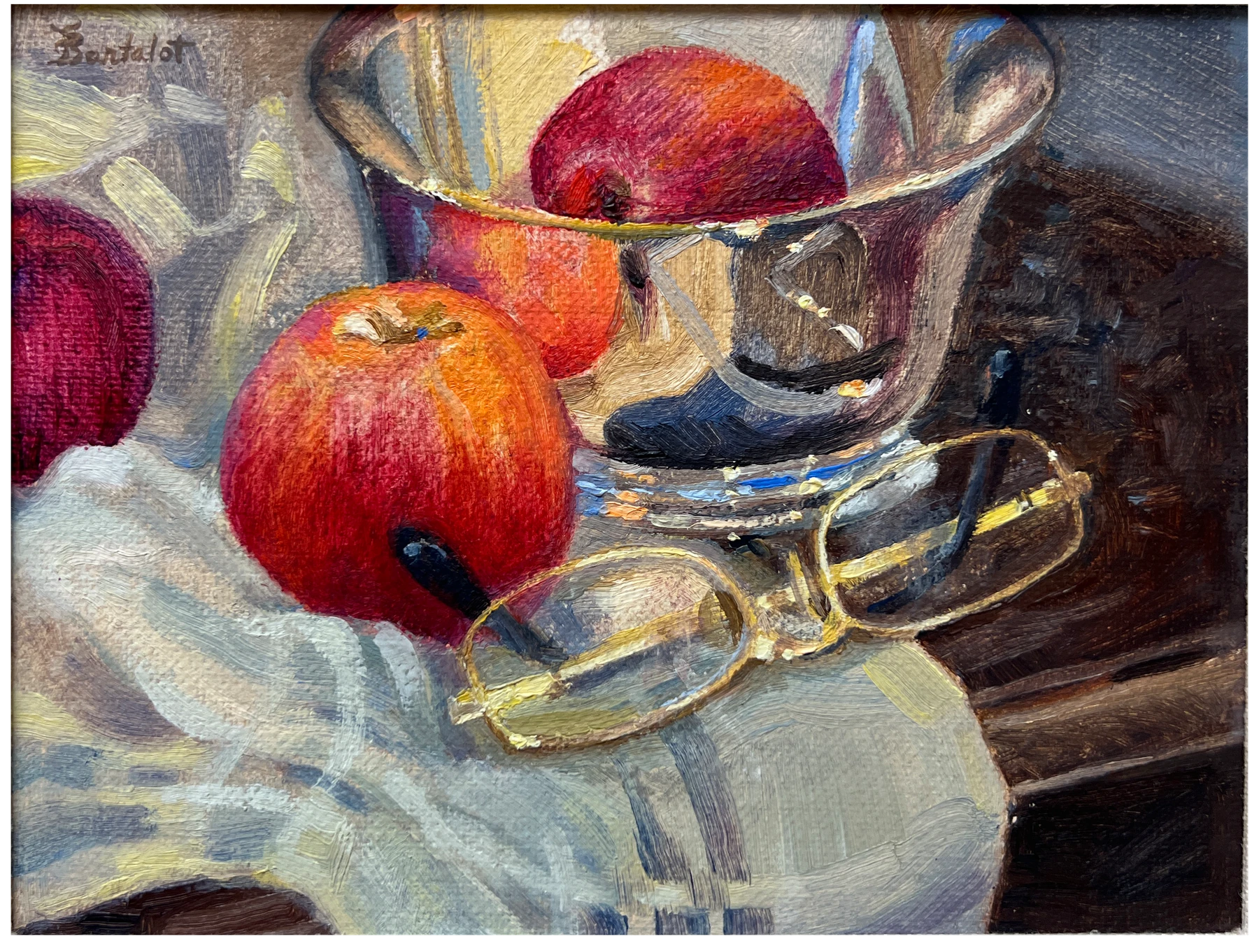 Apples, glassware, and folded cloth in a still life by Sally Bartalot