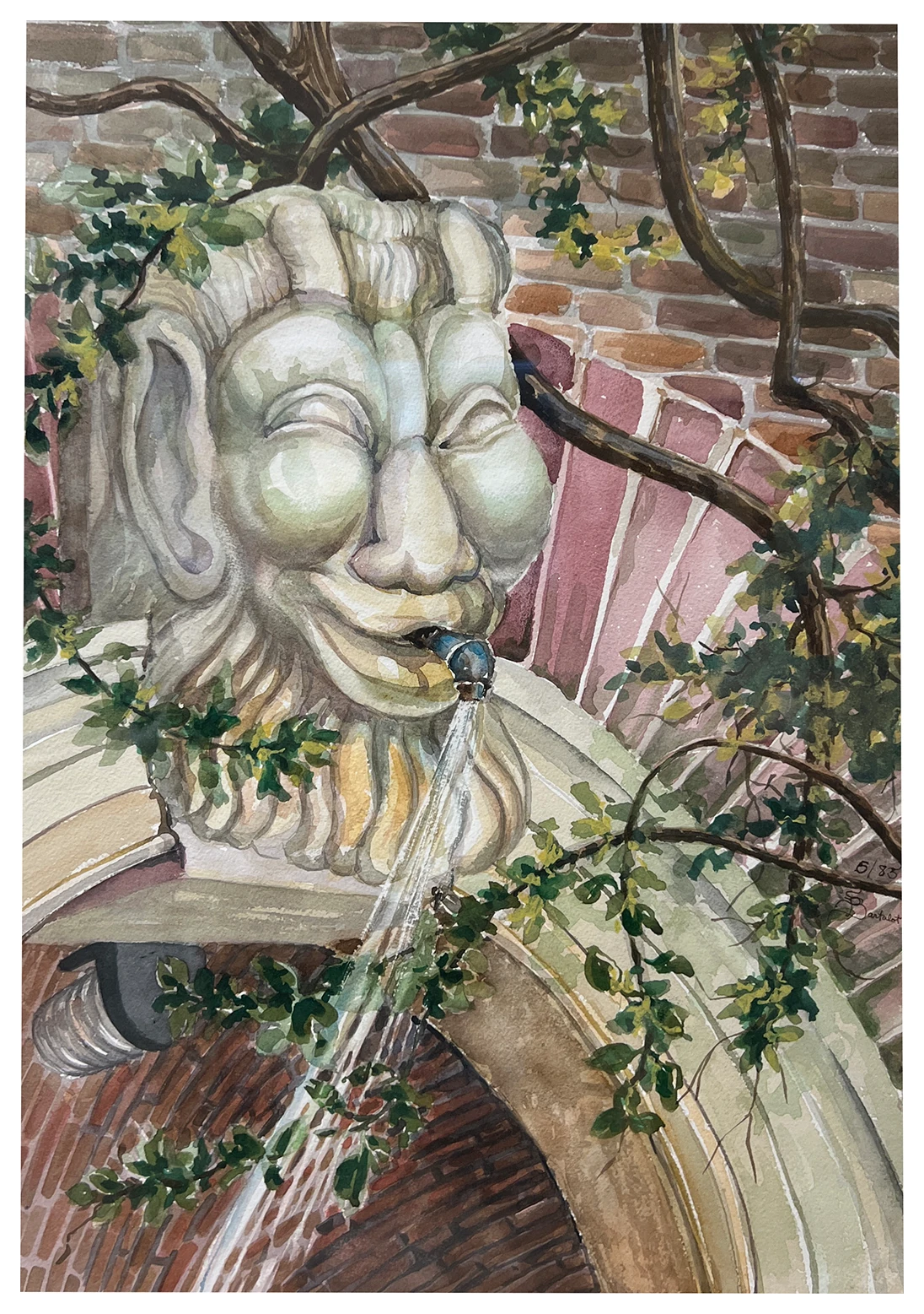 A sculpted fountain surrounded by foliage, painted by Sally Bartalot