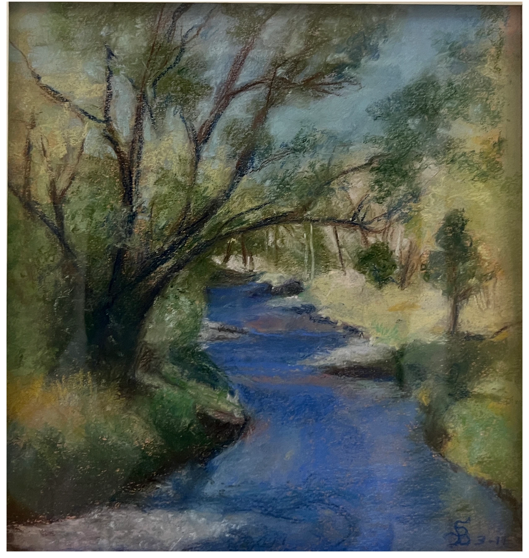 A blue stream winding beneath trees, painted by Sally Bartalot