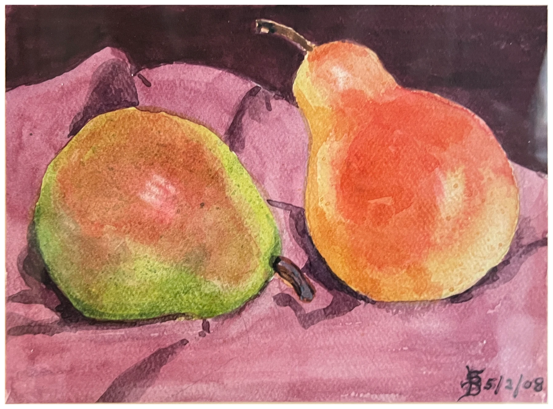 Two colorful pears against a purple background, painted by Sally Bartalot
