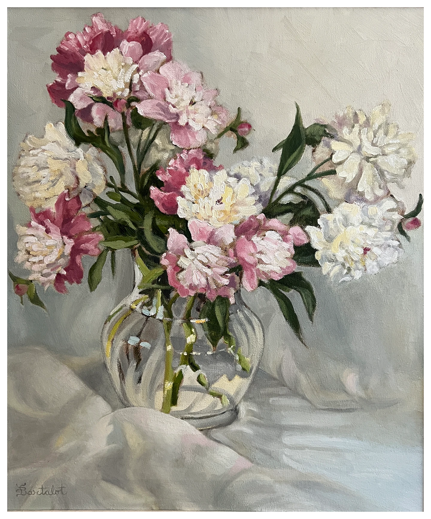 Pink and white peonies arranged in a glass vase, painted by Sally Bartalot
