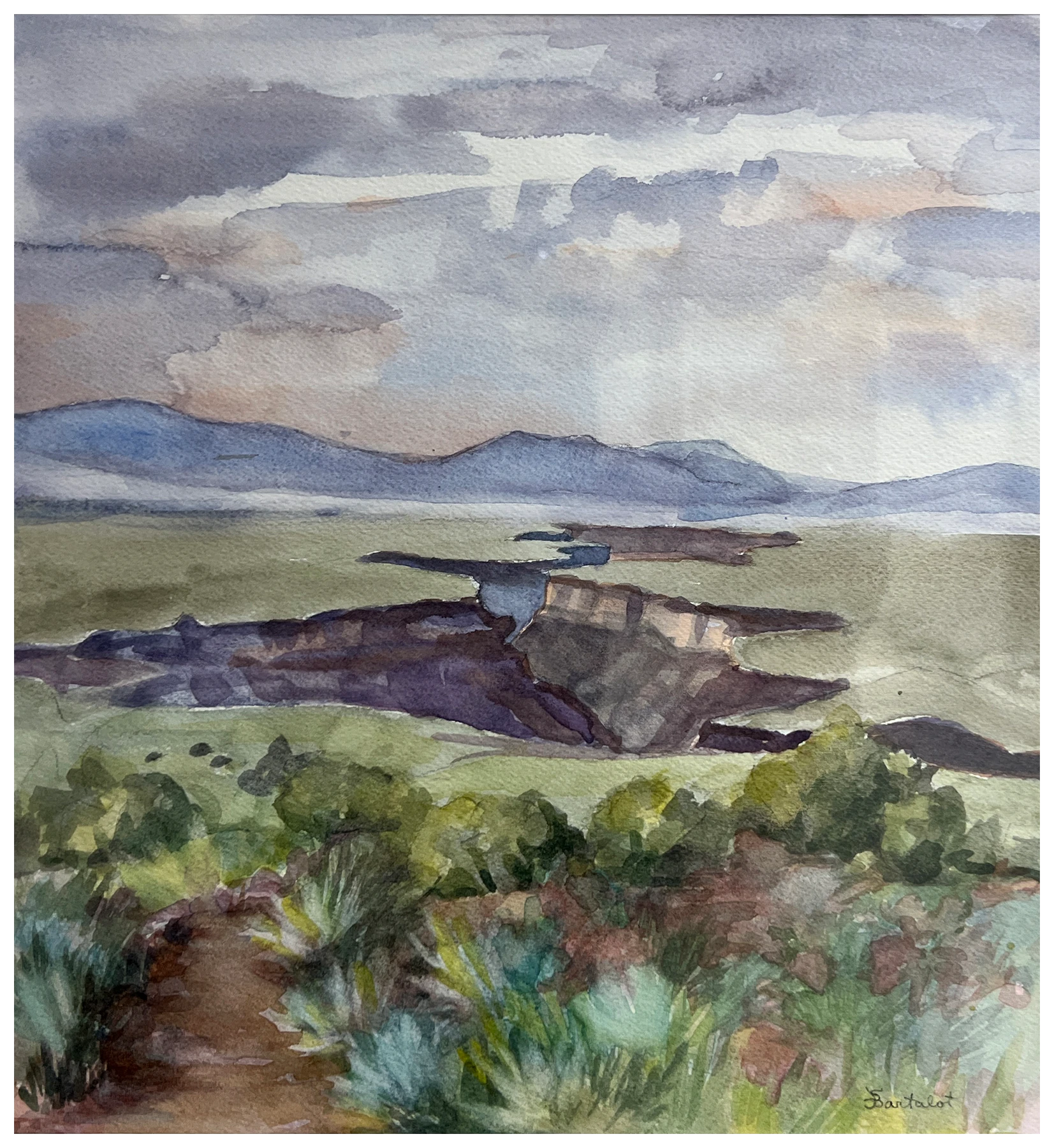 The Rio Grande Gorge beneath a broad sky, painted by Sally Bartalot