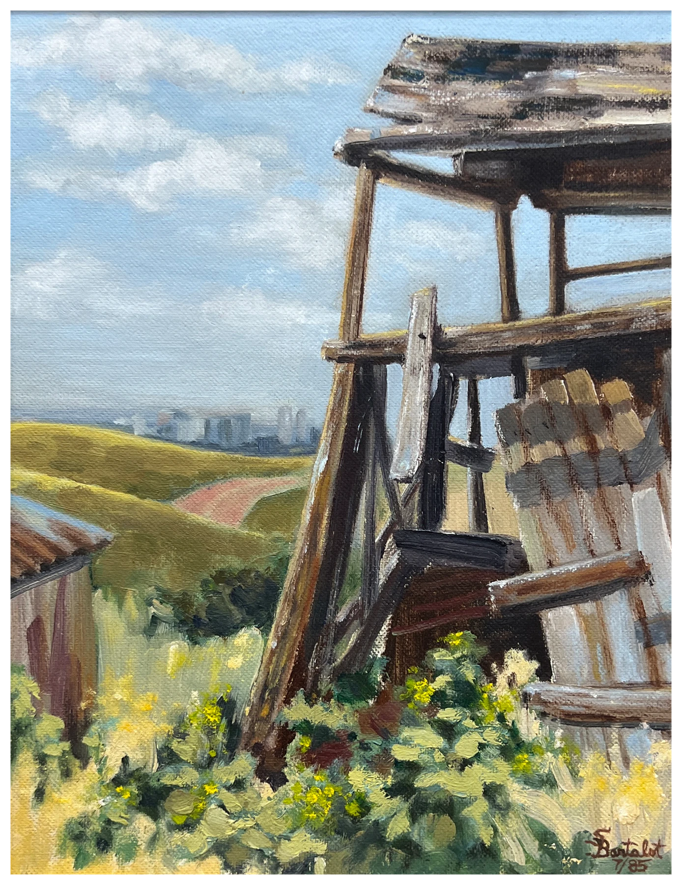 A weathered wooden structure amid flowers south of Denver, painted by Sally Bartalot