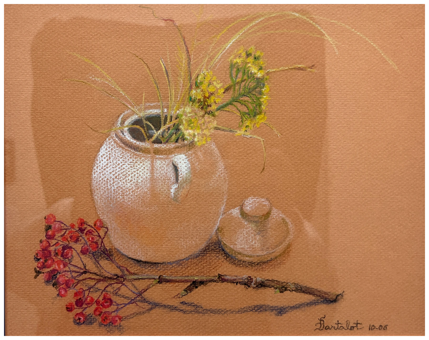 A Southwestern still life with pottery, grasses, berries, and a branch by Sally Bartalot
